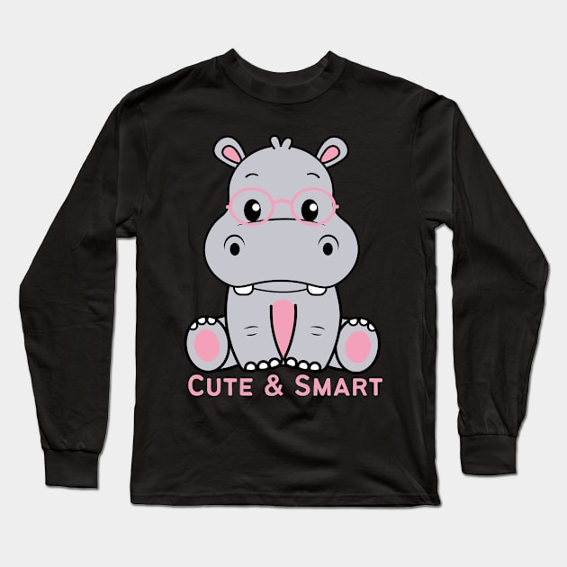 Cute and Smart Cookie Sweet little hippopotamus in pink glasses cute baby outfit Long Sleeve T-Shirt by BoogieCreates